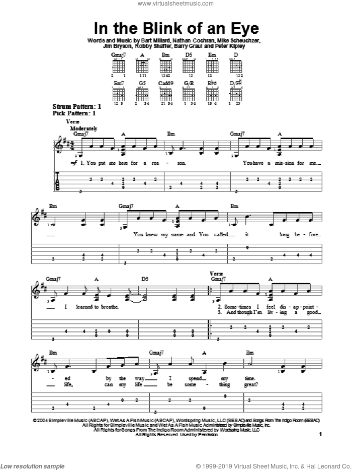 In The Blink Of An Eye sheet music for guitar solo (easy tablature) by MercyMe, Barry Graul, Bart Millard, Jim Bryson, Mike Scheuchzer, Nathan Cochran, Peter Kipley and Robby Shaffer, easy guitar (easy tablature)