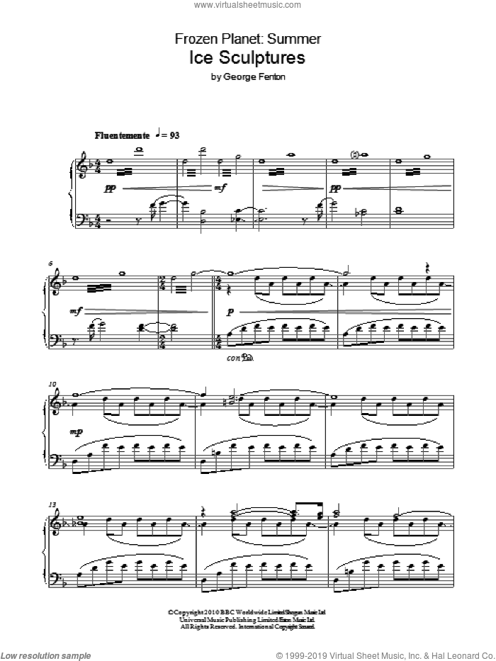 Frozen Planet, Ice Sculptures sheet music for piano solo by George Fenton, intermediate skill level