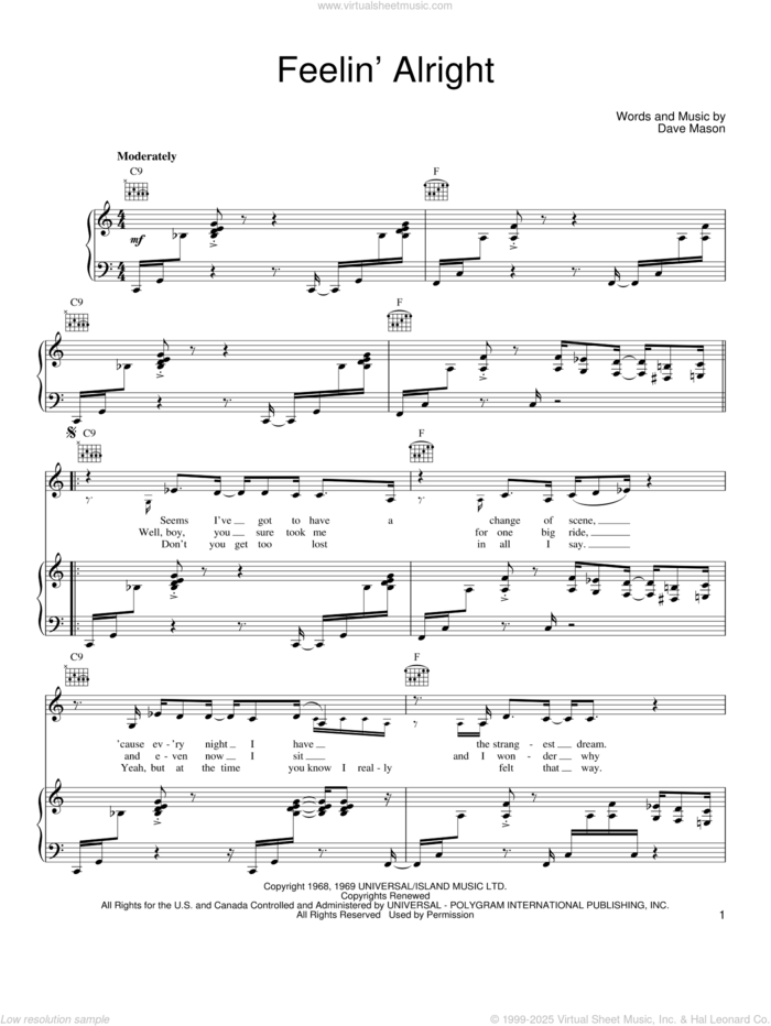 Feelin' Alright sheet music for voice, piano or guitar by Joe Cocker, Traffic and Dave Mason, intermediate skill level