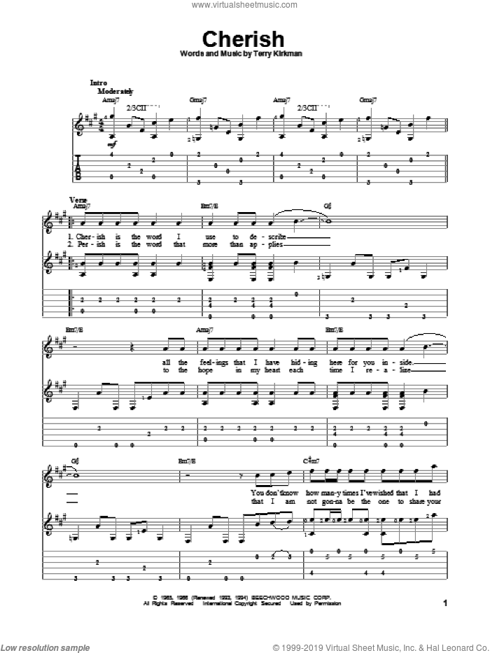 Cherish sheet music for guitar solo by The Association, David Cassidy and Terry Kirkman, intermediate skill level