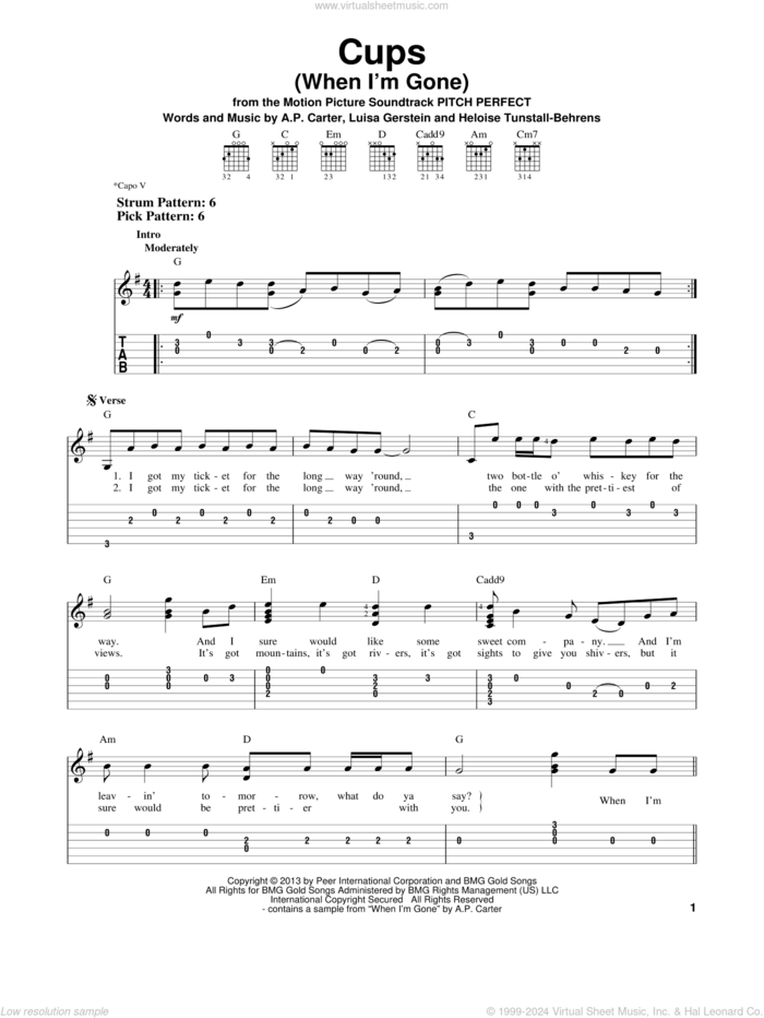 Cups (When I'm Gone) sheet music for guitar solo (easy tablature) by Anna Kendrick, easy guitar (easy tablature)