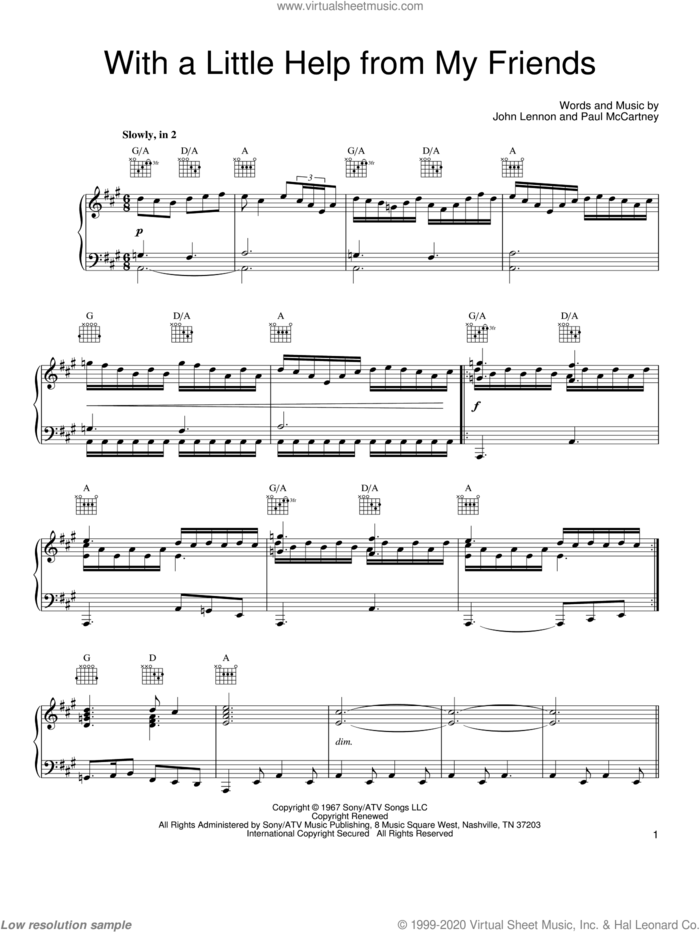 With A Little Help From My Friends sheet music for voice, piano or guitar by Joe Cocker, The Beatles, John Lennon and Paul McCartney, intermediate skill level