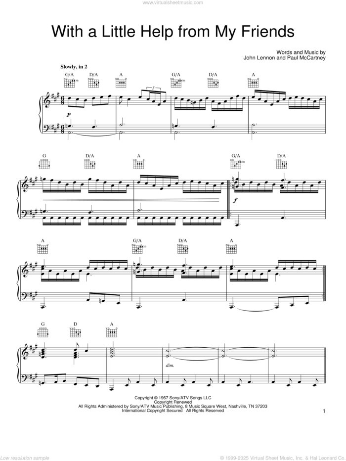 With A Little Help From My Friends sheet music for voice, piano or guitar by Joe Cocker, The Beatles, John Lennon and Paul McCartney, intermediate skill level