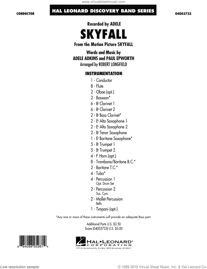 Skyfall (COMPLETE) sheet music for concert band by Adele, Adele Adkins, Paul Epworth and Robert Longfield, intermediate skill level