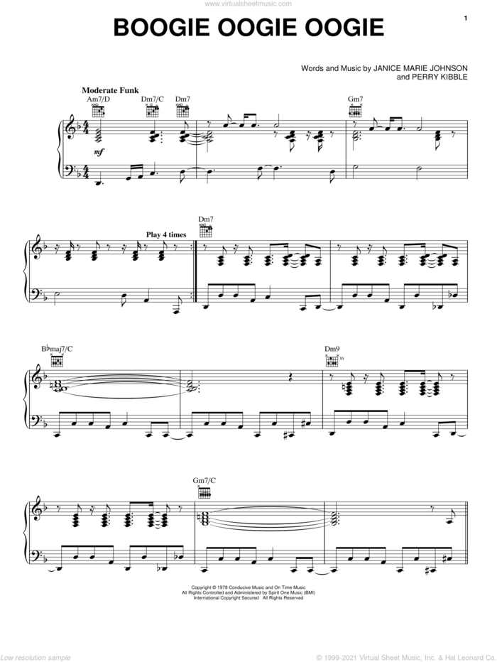 Boogie Oogie Oogie sheet music for voice, piano or guitar by A Taste Of Honey, Janice Marie Johnson and Perry Kibble, intermediate skill level