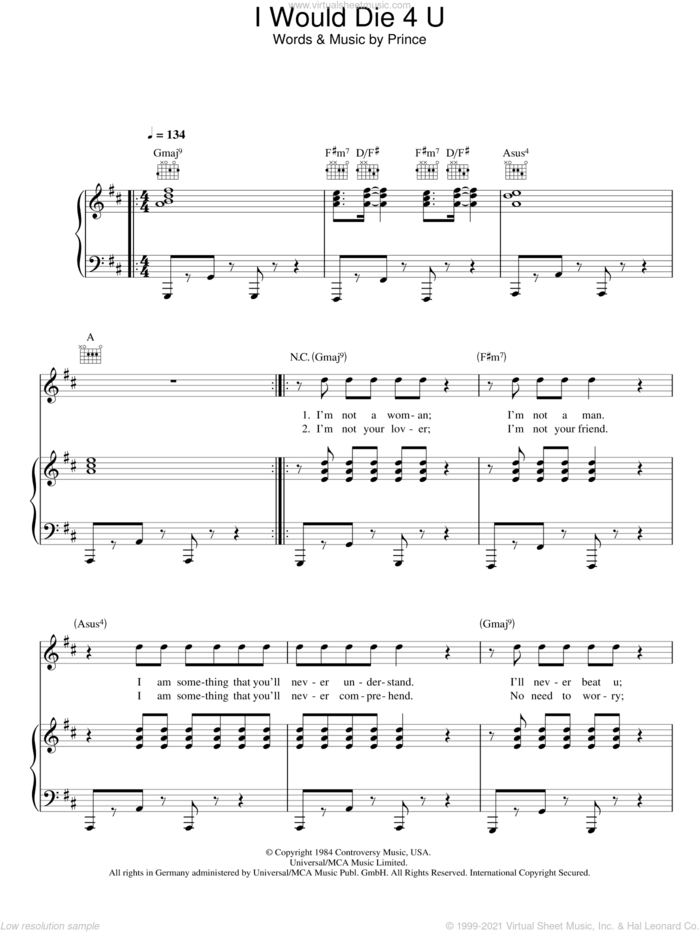 I Would Die 4 U sheet music for voice, piano or guitar by Prince & The Revolution and Prince, intermediate skill level