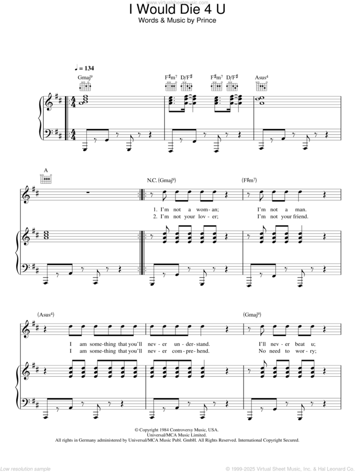 I Would Die 4 U sheet music for voice, piano or guitar by Prince & The Revolution and Prince, intermediate skill level