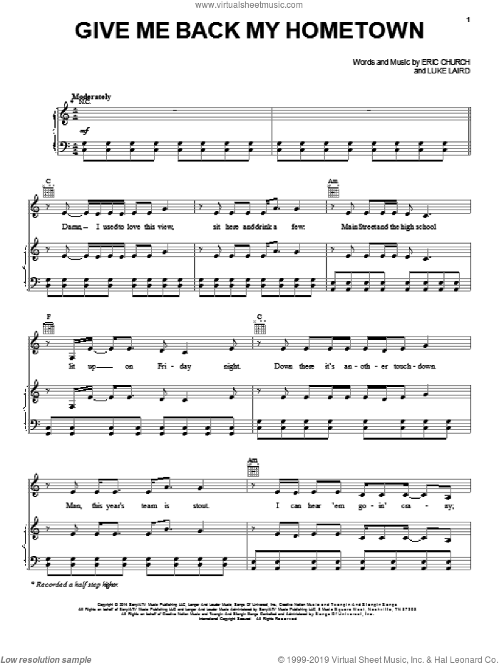 Give Me Back My Hometown sheet music for voice, piano or guitar by Eric Church and Luke Laird, intermediate skill level