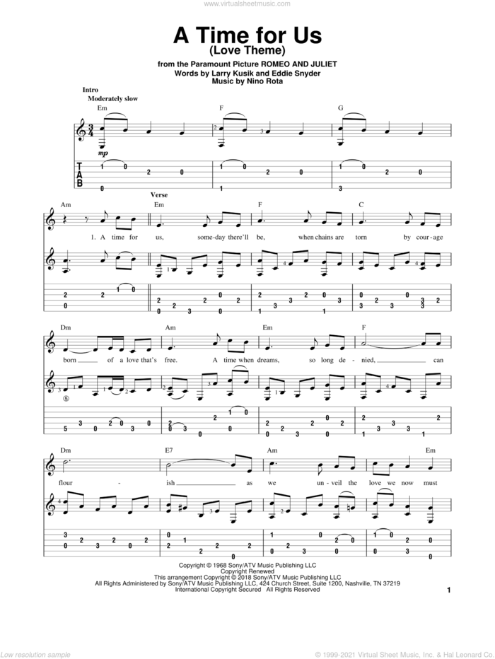 A Time For Us (Love Theme) sheet music for guitar solo by Nino Rota, Eddie Snyder and Larry Kusik, intermediate skill level