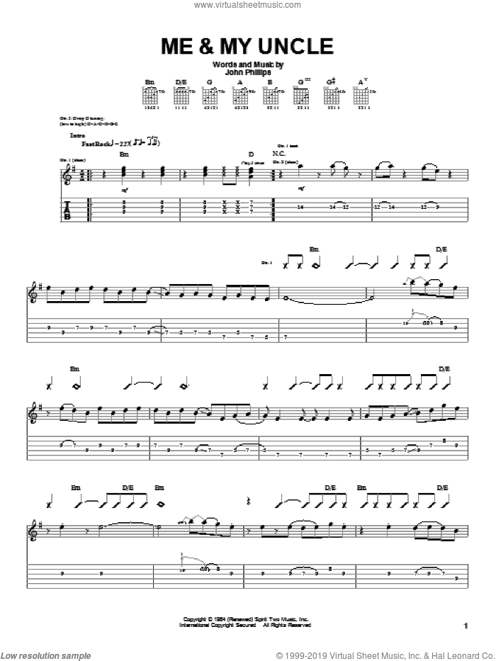 Me and My Uncle sheet music for guitar (tablature) by John Denver and John Phillips, intermediate skill level