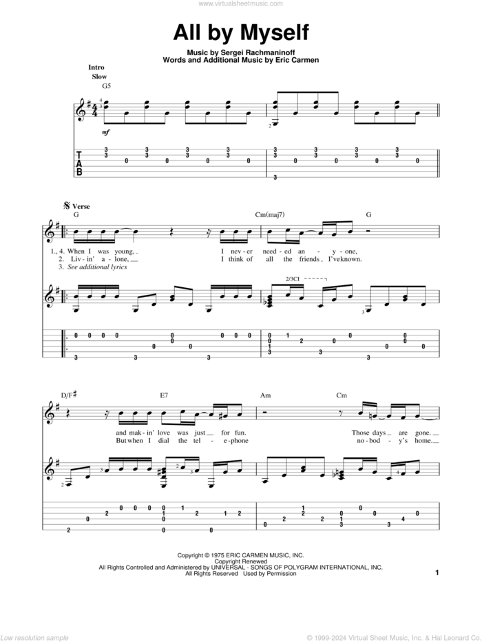 All By Myself sheet music for guitar solo by Eric Carmen and Celine Dion, intermediate skill level