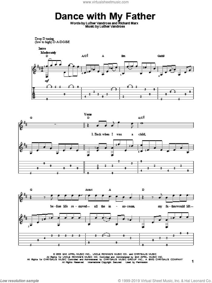 Dance With My Father sheet music for guitar solo by Luther Vandross and Richard Marx, intermediate skill level