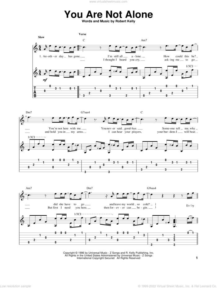 You Are Not Alone sheet music for guitar solo by Michael Jackson and Robert Kelly, intermediate skill level