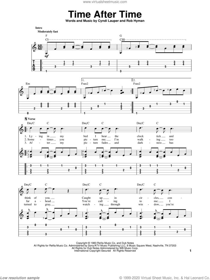 Time After Time, (intermediate) sheet music for guitar solo by Cyndi Lauper and Rob Hyman, intermediate skill level