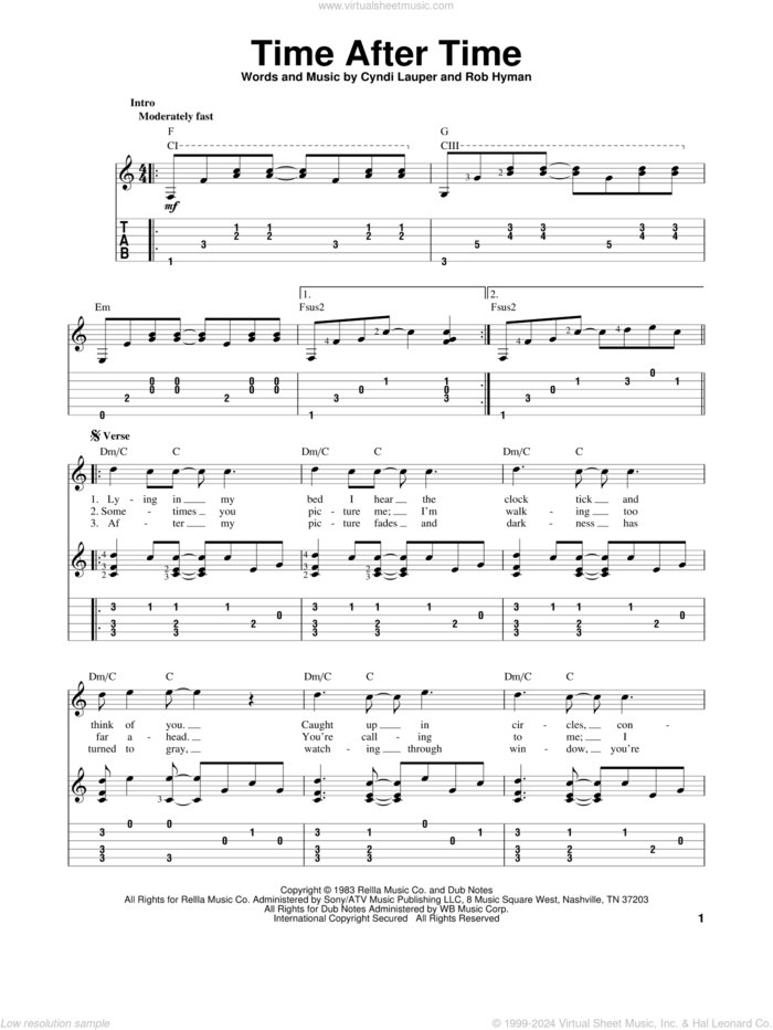 Time After Time sheet music for guitar solo by Cyndi Lauper and Rob Hyman, intermediate skill level