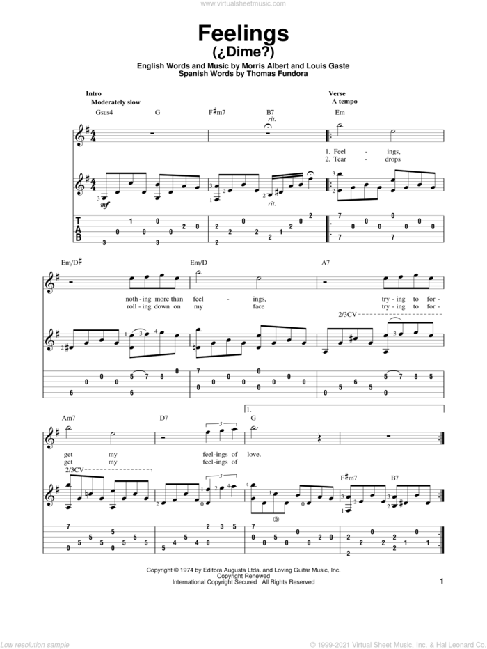 Feelings (Dime) sheet music for guitar solo by Morris Albert, Julio Iglesias, Louis Gaste and Thomas Fundora, intermediate skill level
