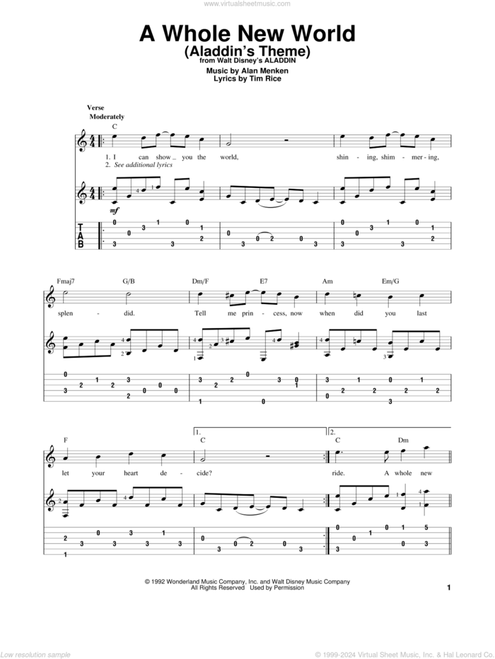 A Whole New World (from Aladdin) sheet music for guitar solo by Alan Menken, Tim Rice, Alan Menken & Tim Rice and Peabo Bryson and Regina Belle, wedding score, intermediate skill level