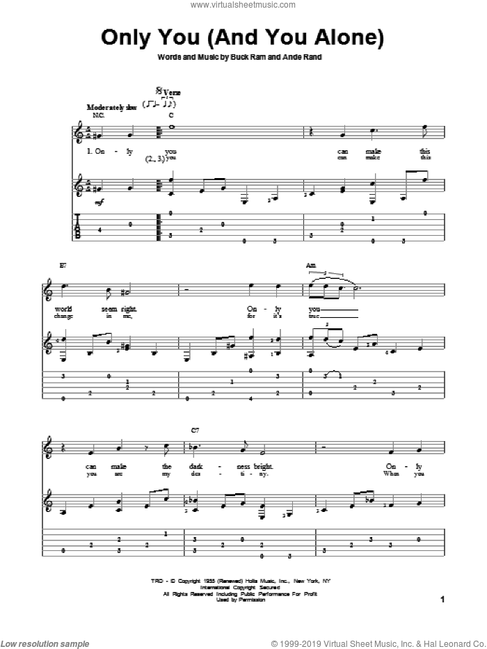 Only You (And You Alone) sheet music for guitar solo by The Platters, Ande Rand, Buck Ram, Reba McEntire and Travis Tritt, intermediate skill level