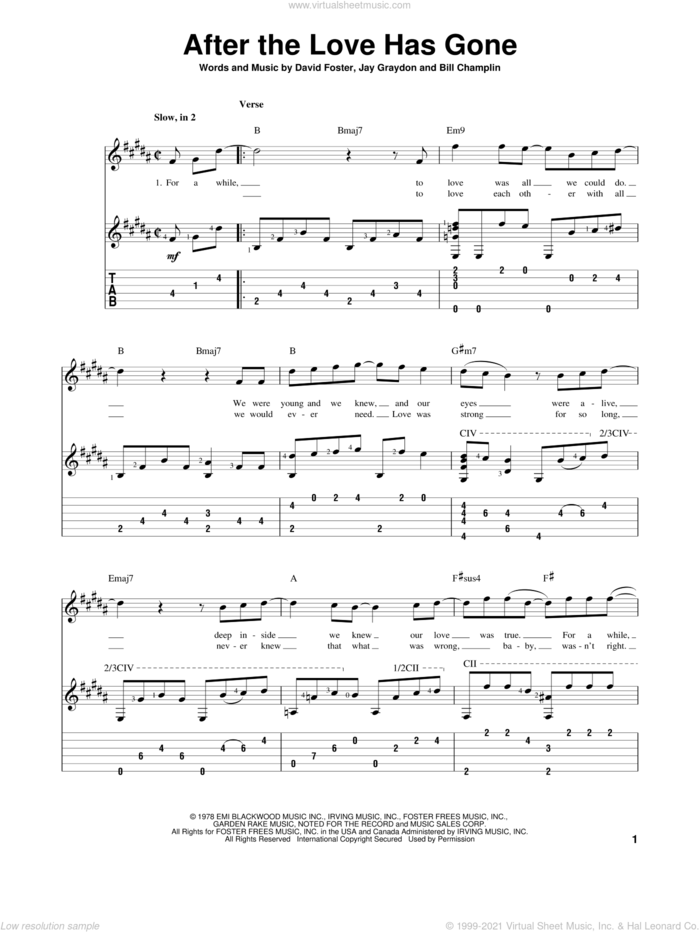 After The Love Has Gone sheet music for guitar solo by Earth, Wind & Fire, intermediate skill level