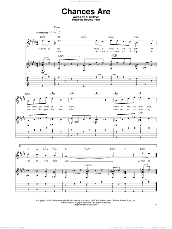 Chances Are sheet music for guitar solo by Johnny Mathis, Al Stillman and Robert Allen, intermediate skill level