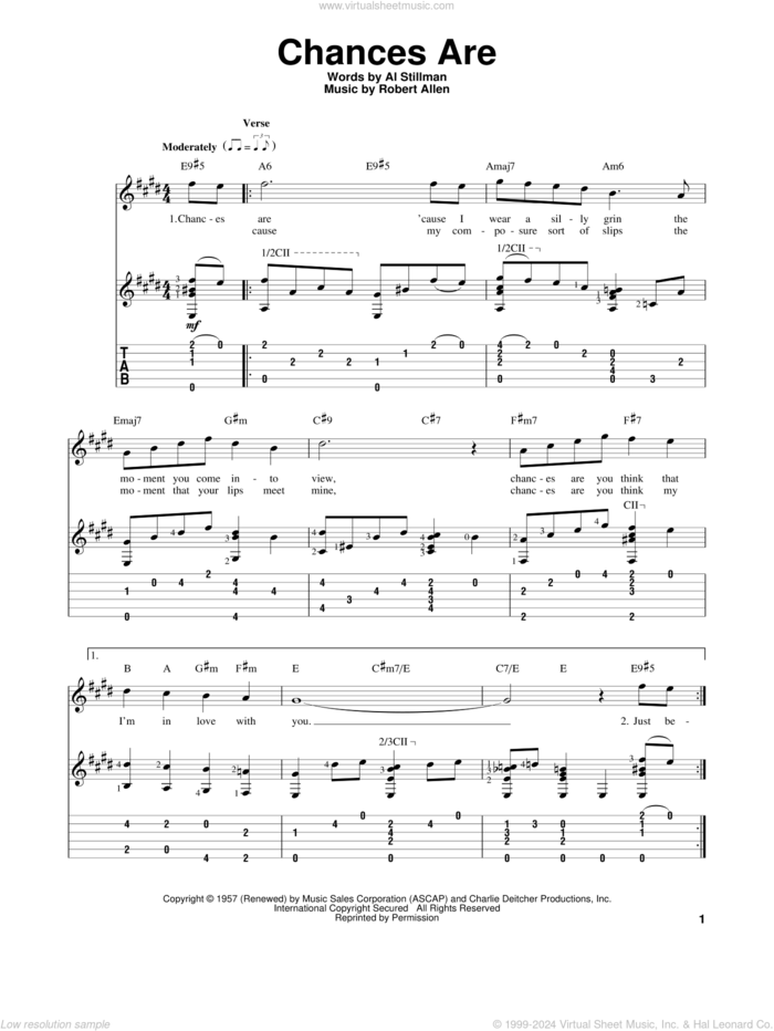 Chances Are sheet music for guitar solo by Johnny Mathis, Al Stillman and Robert Allen, intermediate skill level