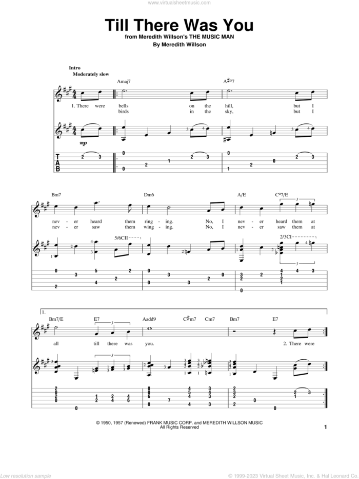 Till There Was You sheet music for guitar solo by The Beatles and Meredith Willson, wedding score, intermediate skill level