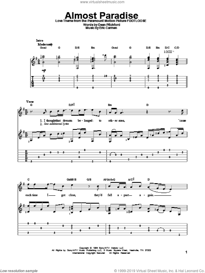 Almost Paradise sheet music for guitar solo by Ann Wilson & Mike Reno, Dean Pitchford and Eric Carmen, intermediate skill level