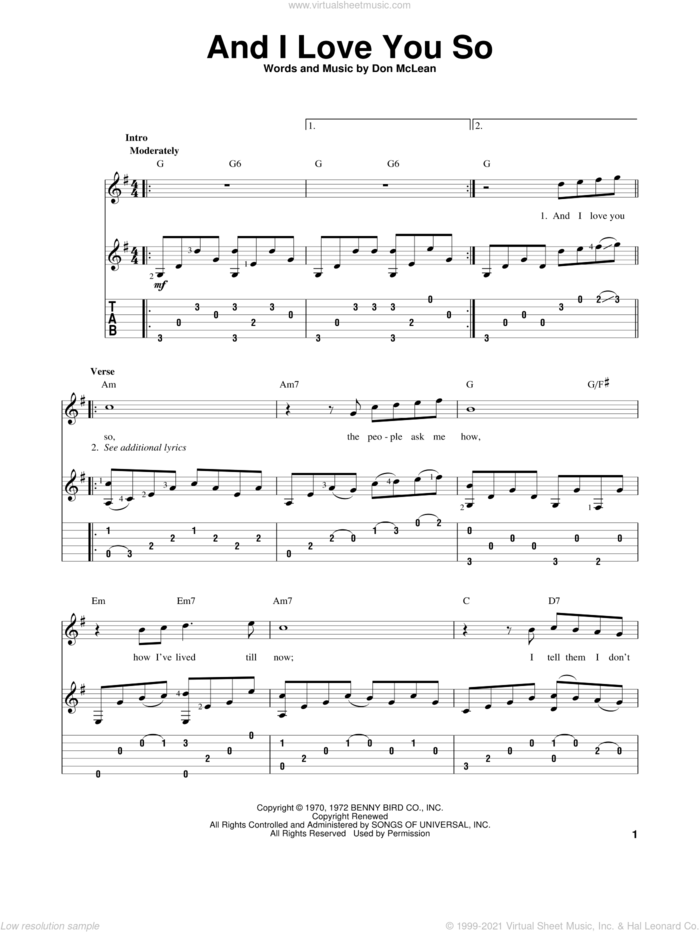 And I Love You So sheet music for guitar solo by Don McLean, Bobby Goldsboro and Perry Como, intermediate skill level