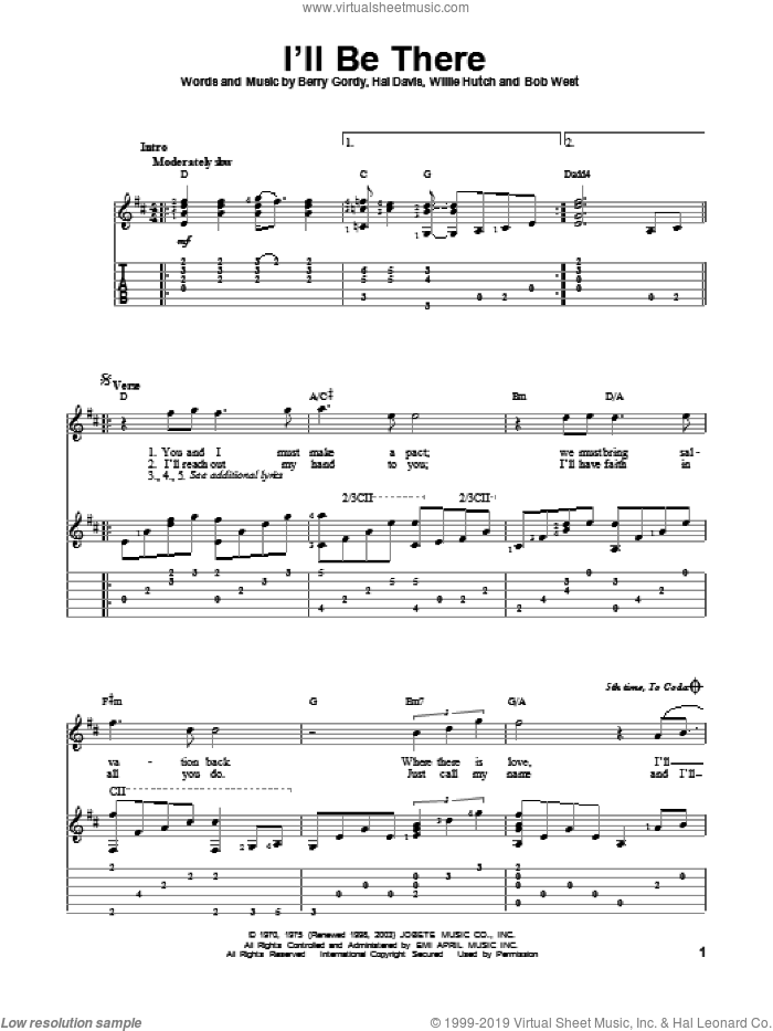 I'll Be There sheet music for guitar solo by The Jackson 5, Berry Gordy, Bob West, Hal Davis, Mariah Carey and Willie Hutch, intermediate skill level