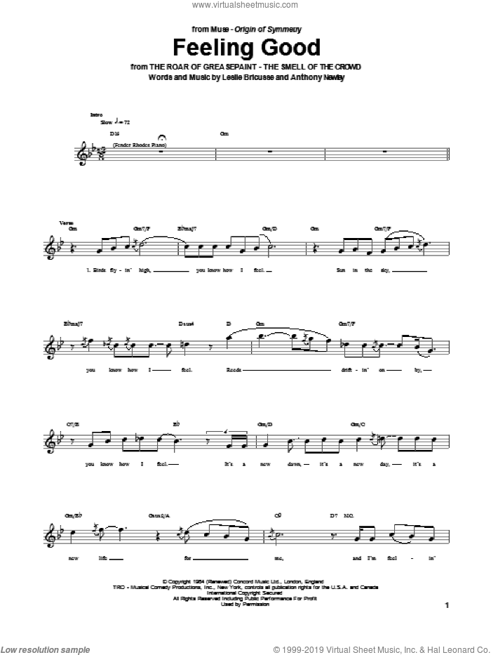 Feeling Good sheet music for bass (tablature) (bass guitar) by Muse, Anthony Newley, Leslie Bricusse and Michael Buble, intermediate skill level