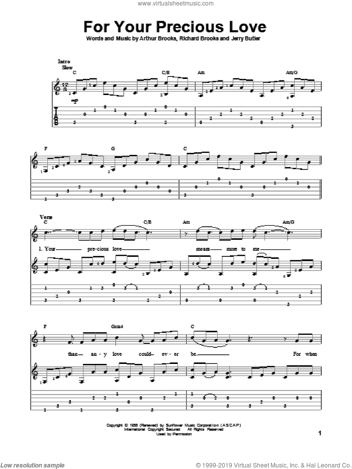 For Your Precious Love sheet music for guitar solo by Jerry Butler & The Impressions, Arthur Brooks, Jerry Butler and Richard Brooks, intermediate skill level