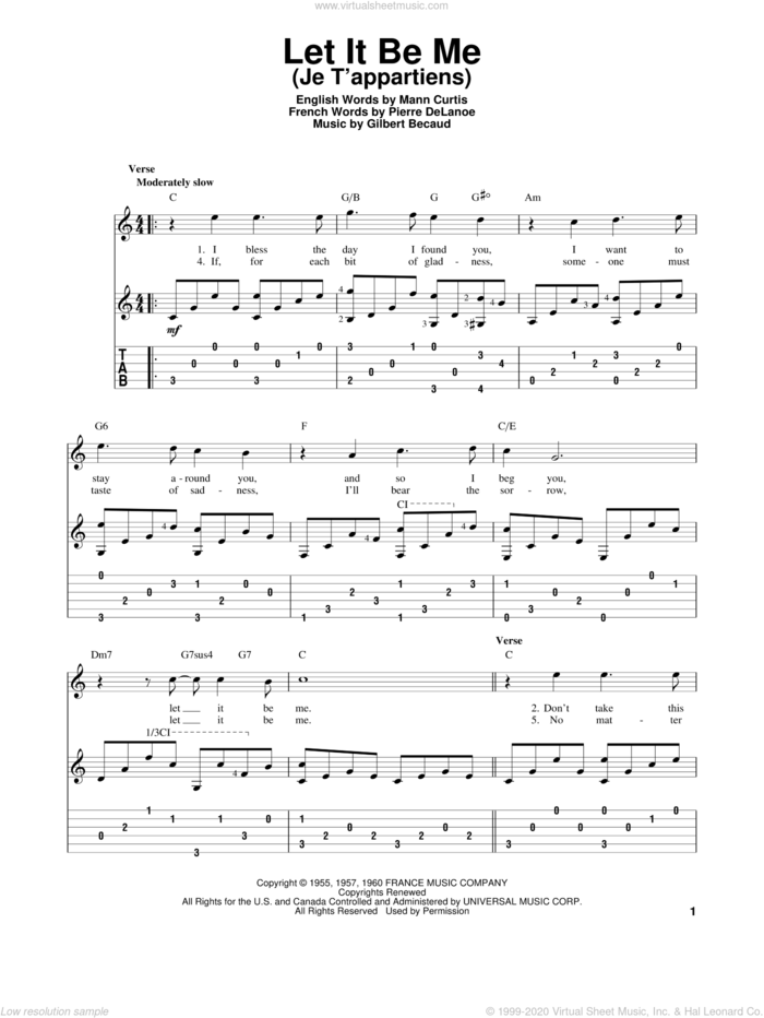 Let It Be Me (Je T'appartiens) sheet music for guitar solo by Everly Brothers, Gilbert Becaud, Mann Curtis and Pierre Delanoe, intermediate skill level