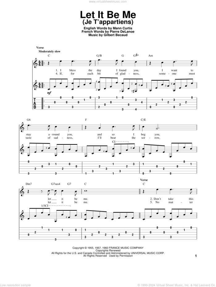 Let It Be Me (Je T'appartiens) sheet music for guitar solo by Everly Brothers, Gilbert Becaud, Mann Curtis and Pierre Delanoe, intermediate skill level