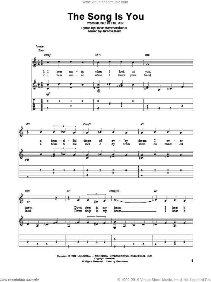 The Song Is You sheet music for guitar solo by Frank Sinatra, Jerome Kern and Oscar II Hammerstein, intermediate skill level