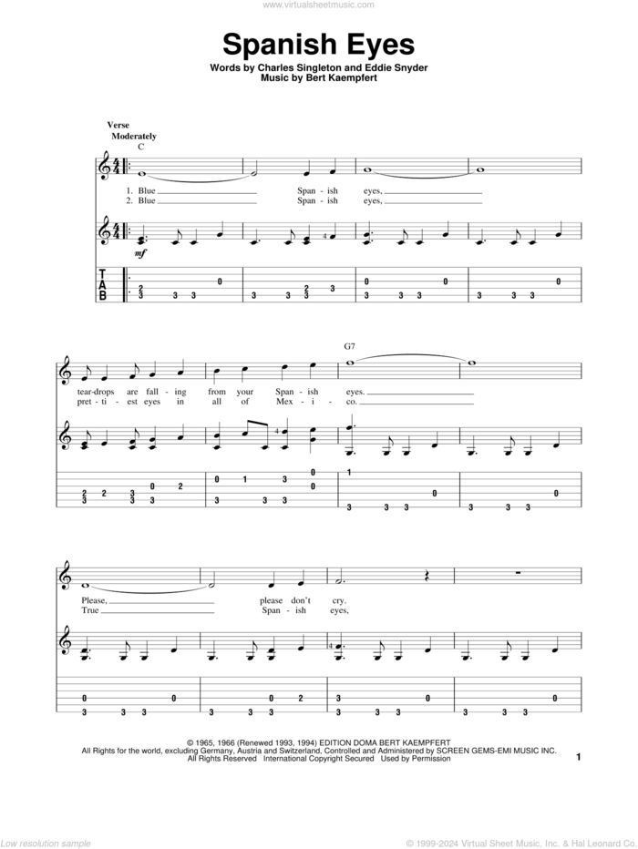 Spanish Eyes sheet music for guitar solo by Al Martino, Engelbert Humperdinck, Bert Kaempfert, Charles Singleton and Eddie Snyder, intermediate skill level