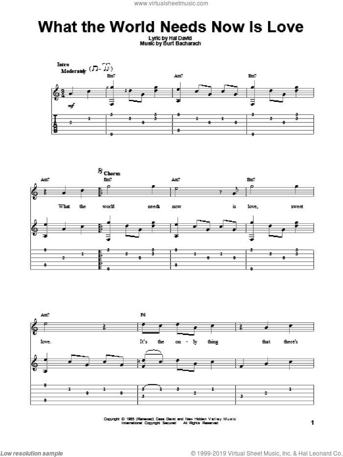 What The World Needs Now Is Love sheet music for guitar solo by Jackie DeShannon, Burt Bacharach and Hal David, intermediate skill level