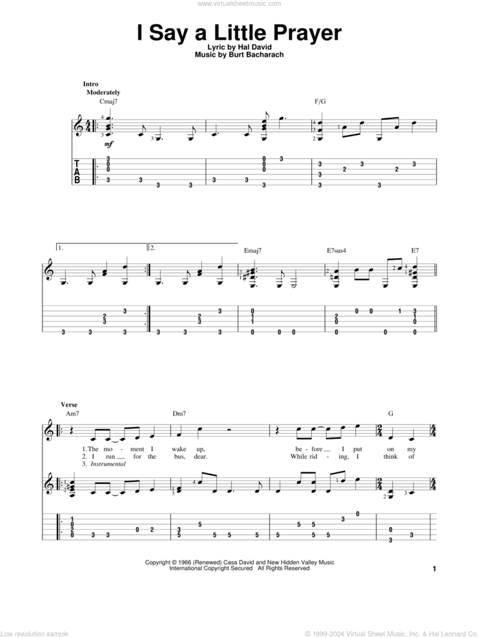 I Say A Little Prayer sheet music for guitar solo by Dionne Warwick, Burt Bacharach and Hal David, intermediate skill level