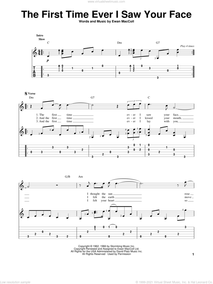 The First Time Ever I Saw Your Face sheet music for guitar solo by Roberta Flack and Ewan MacColl, intermediate skill level