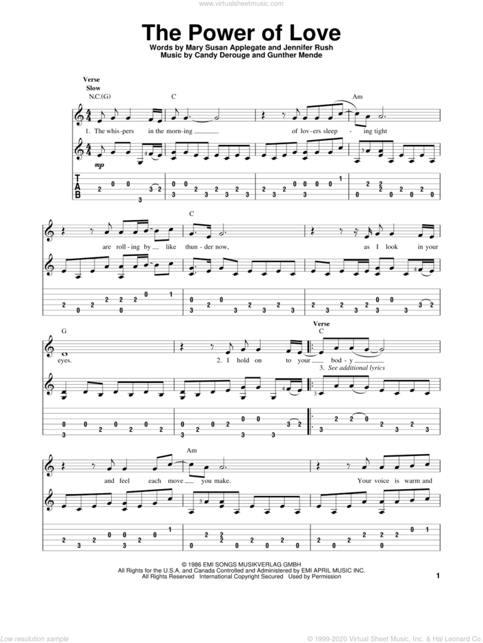 The Power Of Love sheet music for guitar solo by Jennifer Rush, Air Supply and Celine Dion, intermediate skill level