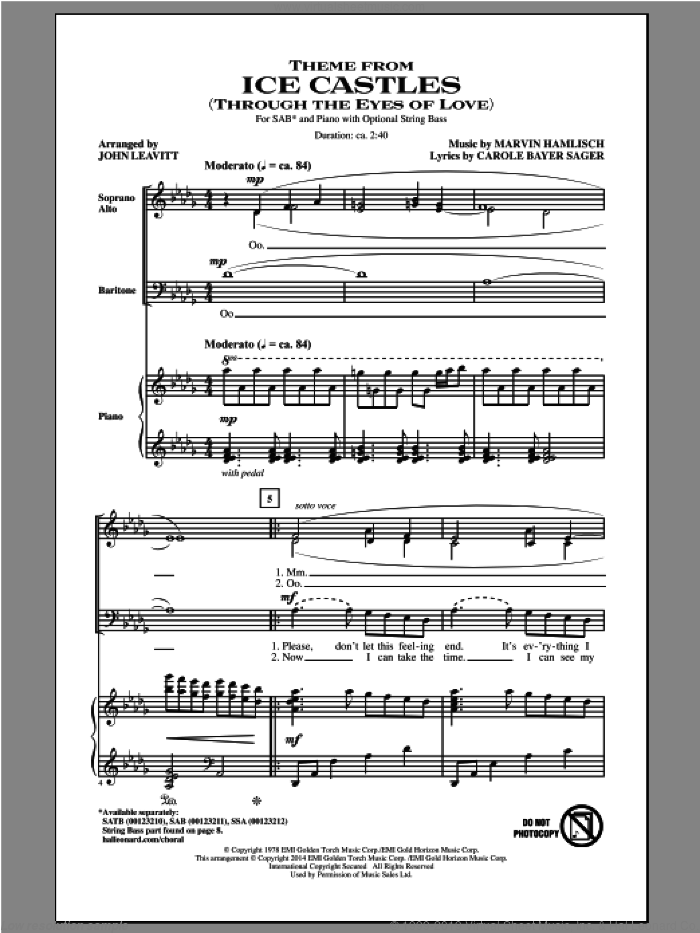 Theme From Ice Castles (Through The Eyes Of Love) sheet music for choir (SAB: soprano, alto, bass) by John Leavitt, Carole Bayer Sager and Marvin Hamlisch, intermediate skill level