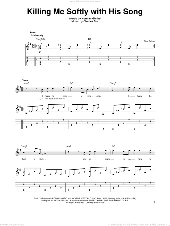 Killing Me Softly With His Song sheet music for guitar solo by Roberta Flack, Charles Fox, Norman Gimbel and The Fugees, intermediate skill level
