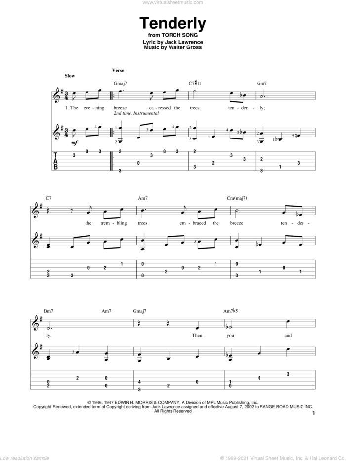 Tenderly sheet music for guitar solo by Walter Gross and Jack Lawrence, intermediate skill level