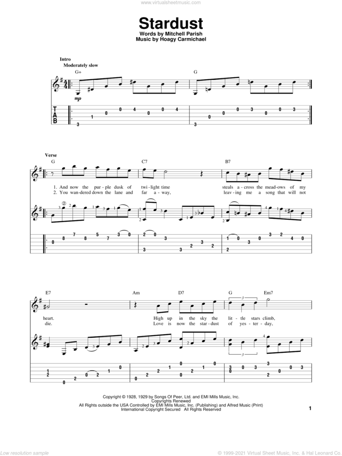 Stardust sheet music for guitar solo by Artie Shaw, Hoagy Carmichael and Mitchell Parish, intermediate skill level