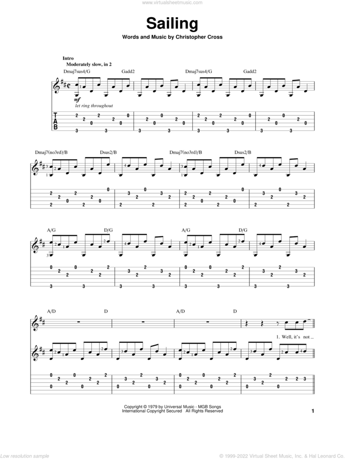 Sailing sheet music for guitar solo by Christopher Cross and N Sync, intermediate skill level
