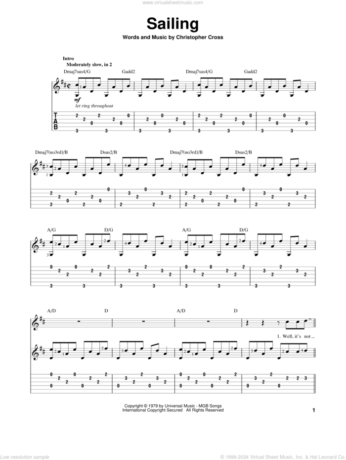 Sailing sheet music for guitar solo by Christopher Cross and N Sync, intermediate skill level