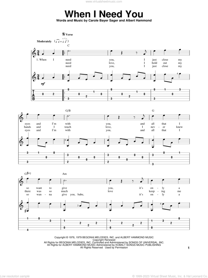 When I Need You sheet music for guitar solo by Leo Sayer, Albert Hammond and Carole Bayer Sager, intermediate skill level