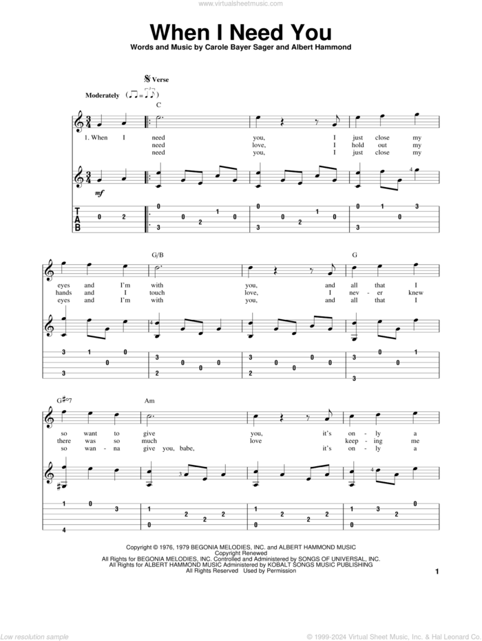 When I Need You sheet music for guitar solo by Leo Sayer, Albert Hammond and Carole Bayer Sager, intermediate skill level