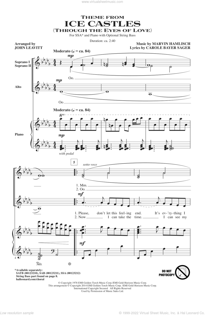 Theme From Ice Castles (Through The Eyes Of Love) sheet music for choir (SSA: soprano, alto) by John Leavitt, Carole Bayer Sager and Marvin Hamlisch, intermediate skill level