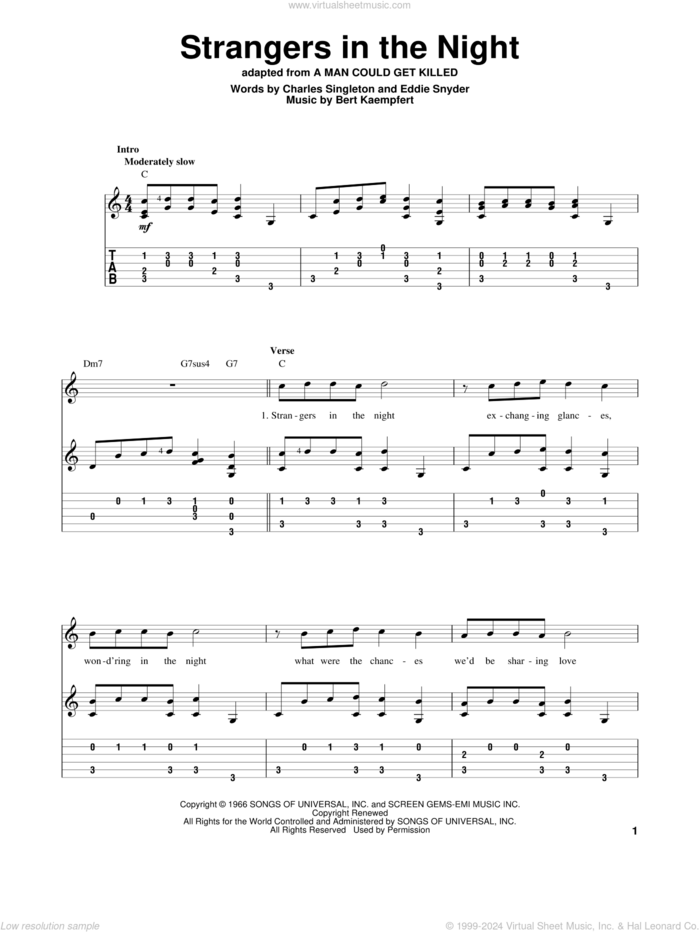 Strangers In The Night sheet music for guitar solo by Frank Sinatra, Bert Kaempfert, Charles Singleton and Eddie Snyder, intermediate skill level