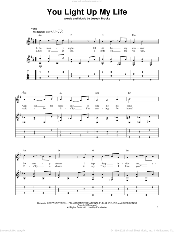 You Light Up My Life sheet music for guitar solo by Debby Boone and Joseph Brooks, wedding score, intermediate skill level